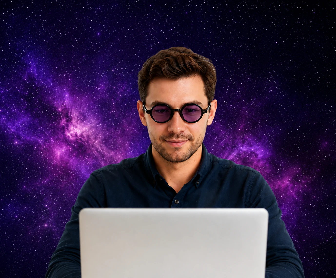 Researcher working with Stella at a laptop
