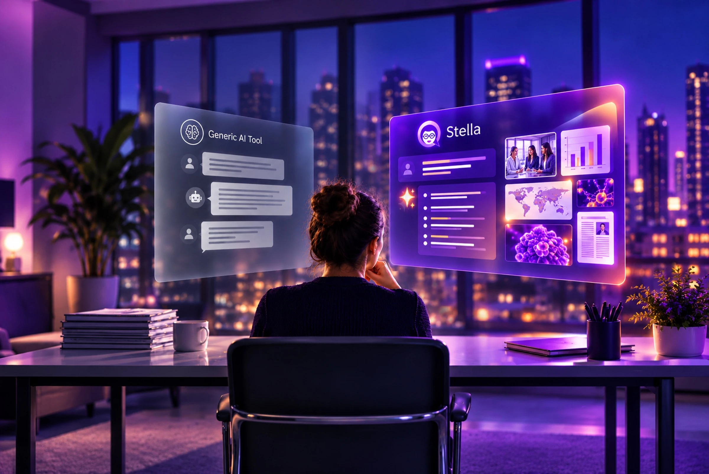 A professional comparing a generic AI tool with Stella on two side-by-side displays.