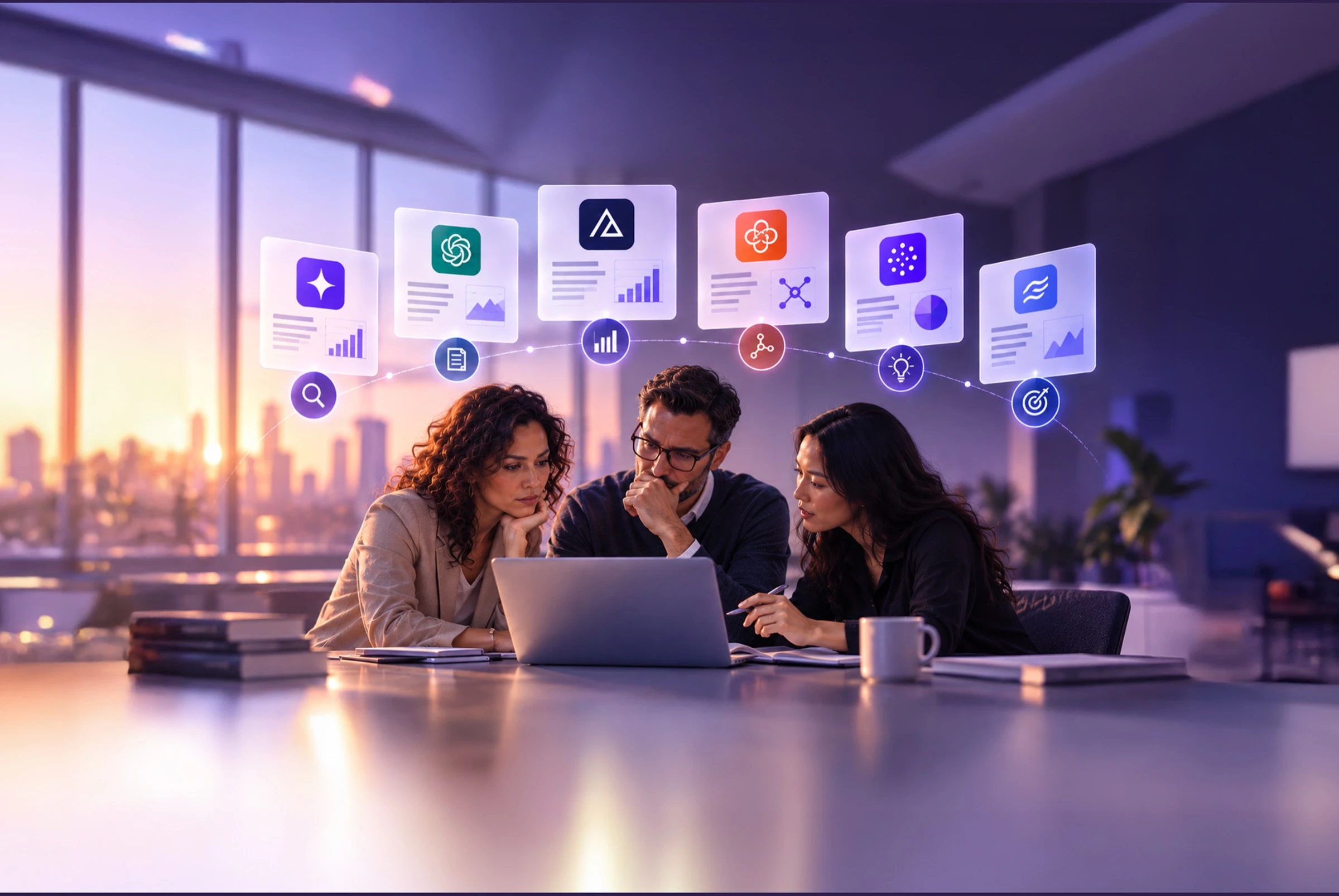 Three pharma colleagues collaborating at a laptop with floating AI-powered insight panels.