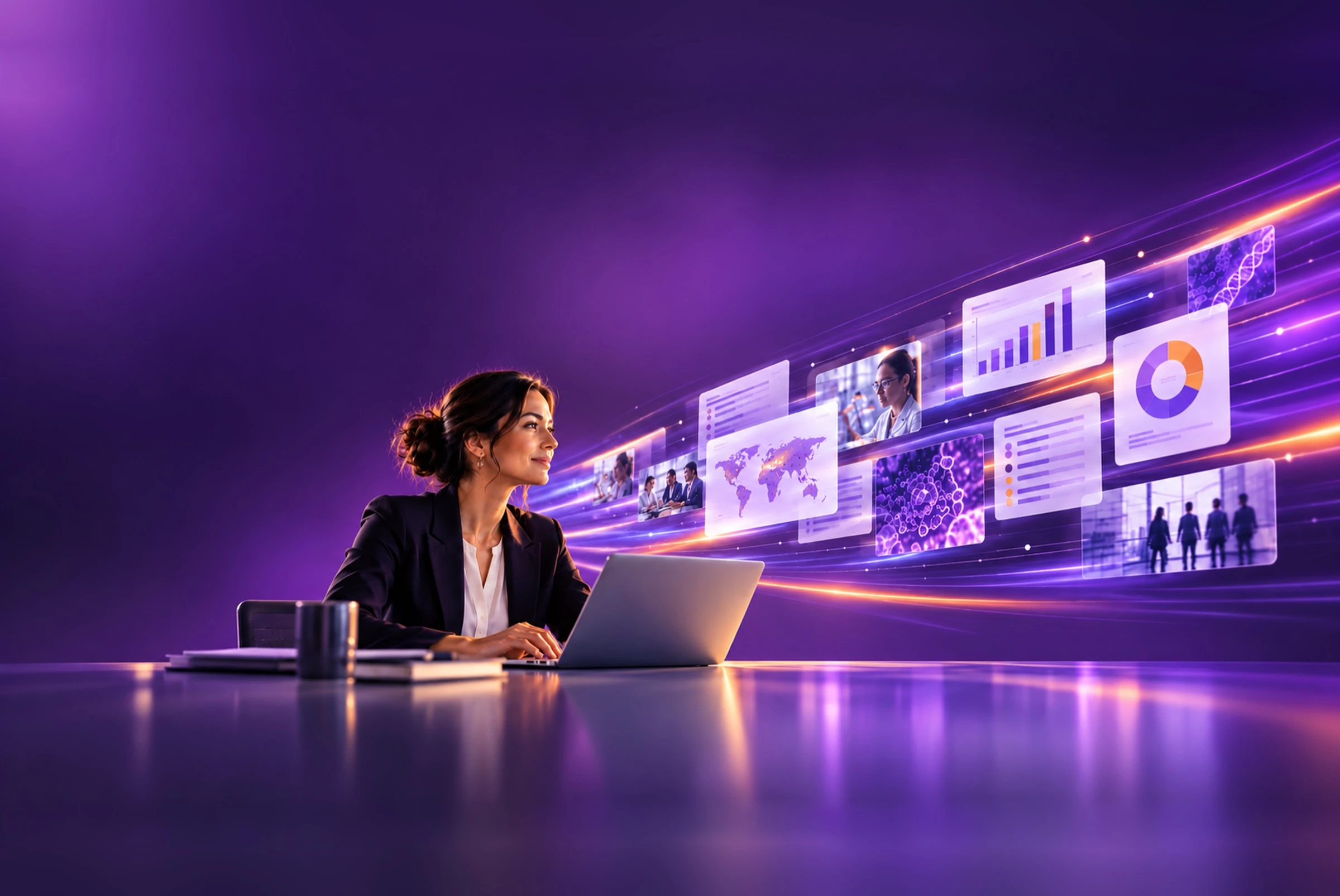 A pharma professional working at a laptop with floating purple data and insight displays.